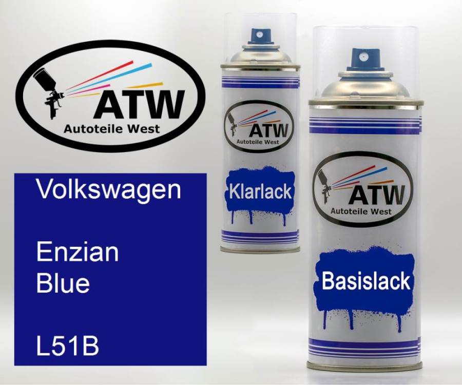 Volkswagen, Enzian Blue, L51B: 400ml Sprühdose + 400ml Klarlack - Set, von ATW Autoteile West.